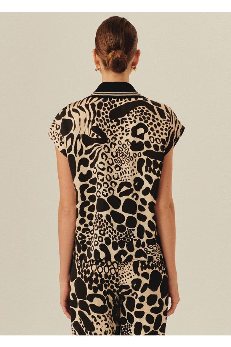 Brinley Abstract Print Sleeveless Shirt Collar Blouse, Alternate, color, Black