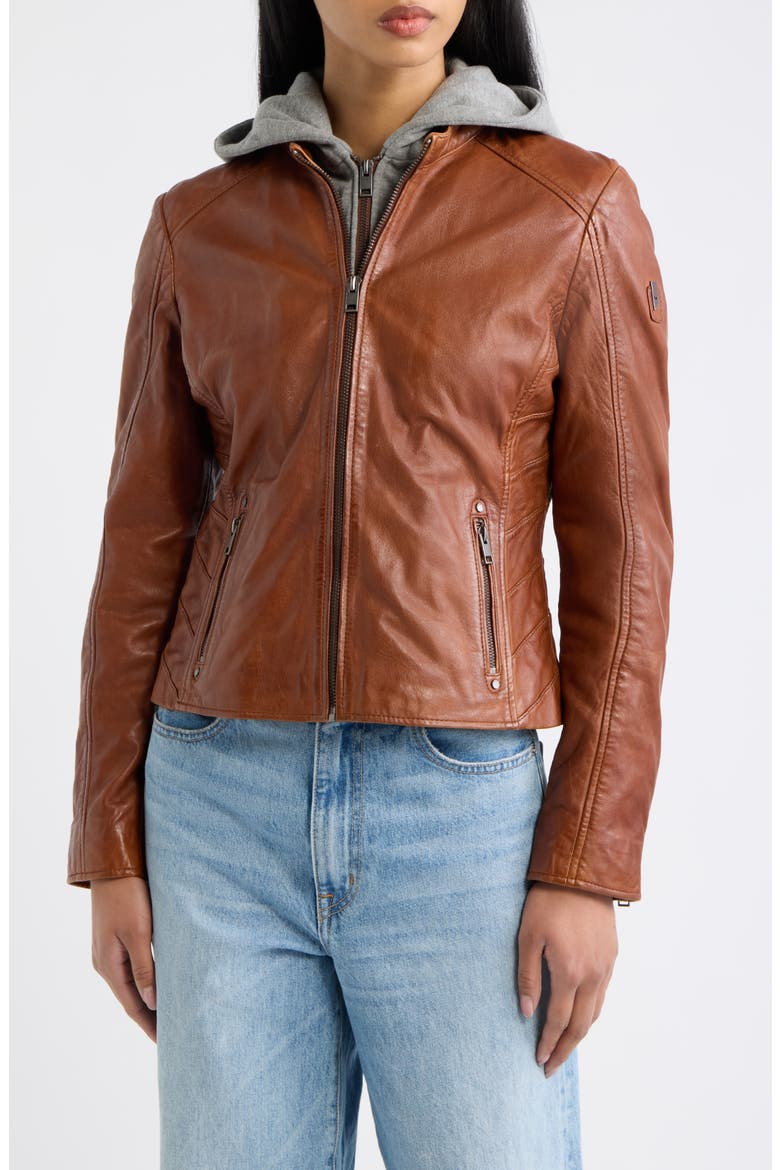 Alva Leather Jacket with Hood, Alternate, color, COGNAC