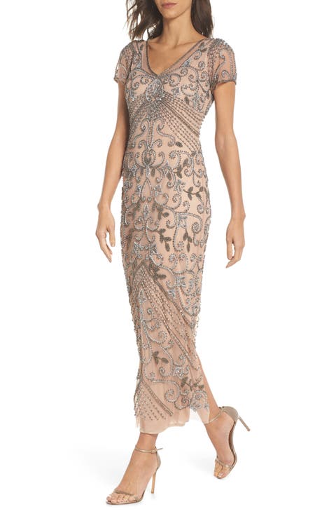 Beaded Mesh Column Gown (Regular & Plus)