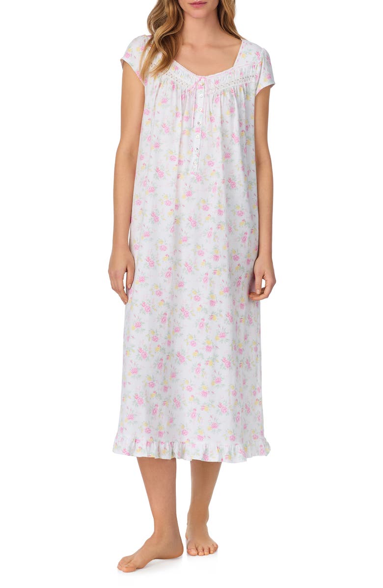 Eileen West Cap Sleeve Long Cotton Jersey Nightgown, Main, color, White Multi