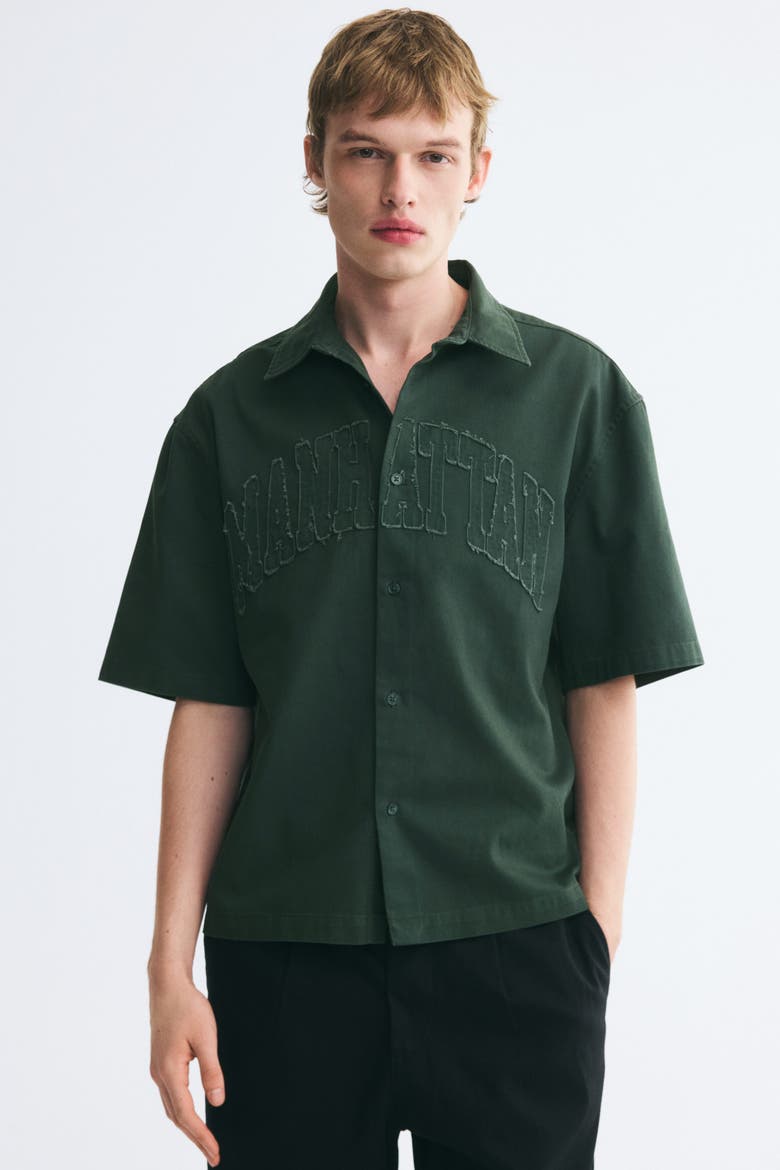 Relaxed-Fit Short-Sleeved Appliquéd Shirt, Main, color, Dark green/Manhattan