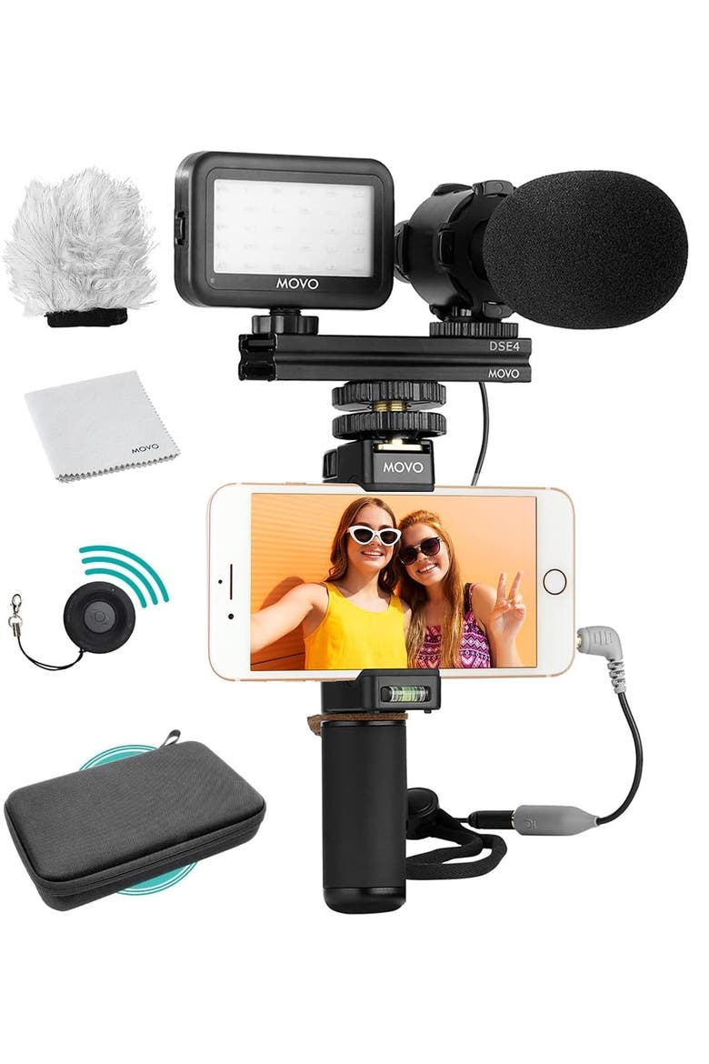 Vlog Kit V7 - YouTube Starter Kit with Grip, Stereo Microphone, Light, and Wireless Remote, Main, color, Black