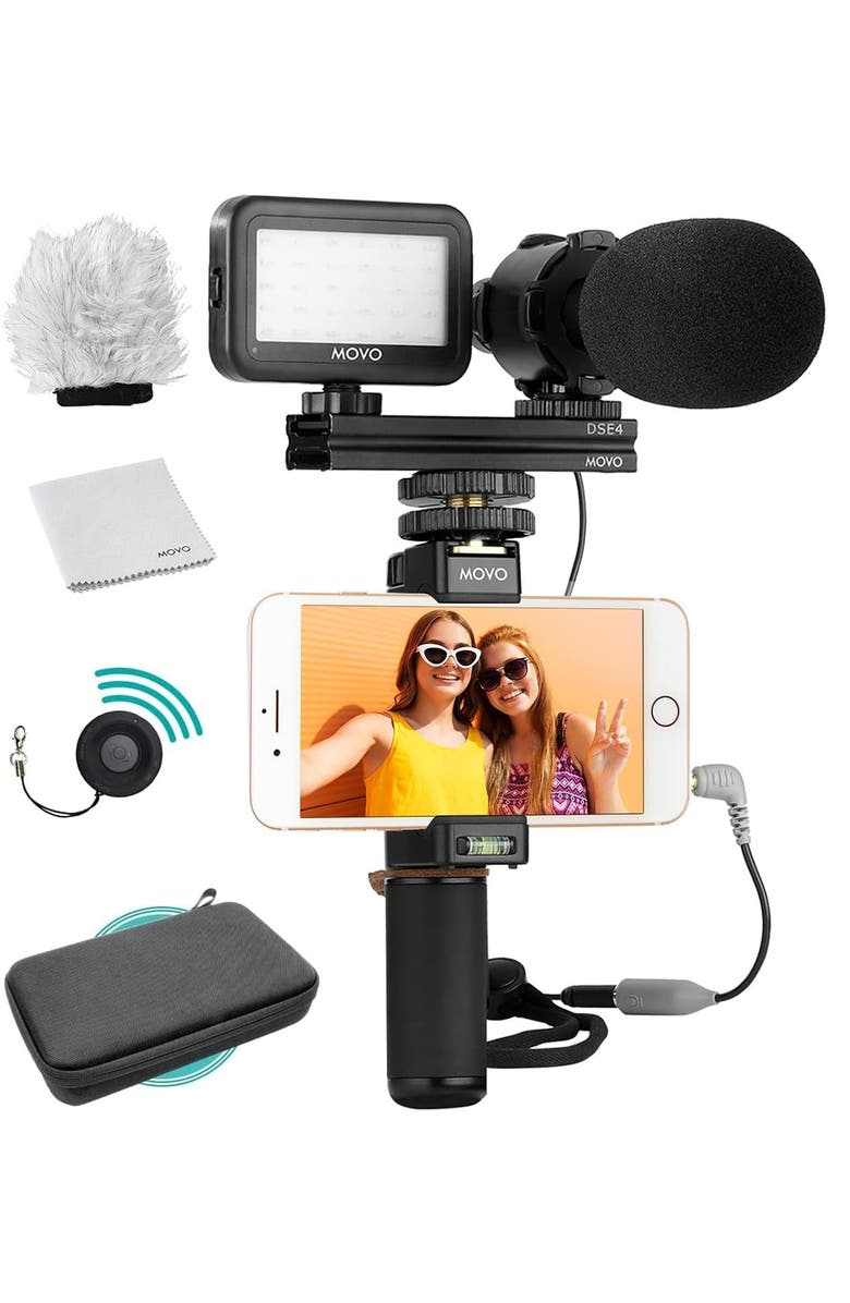 MOVO Vlog Kit V7 - YouTube Starter Kit with Grip, Stereo Microphone, Light, and Wireless Remote, Main, color, Black