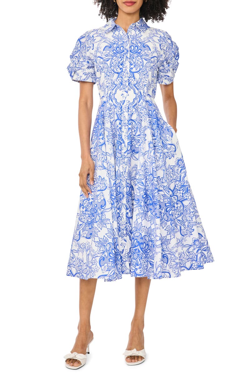 Ted Baker Floral Short Sleeve Cotton Fit & Flare Shirtdress, Main, color, Deep Ultramarine