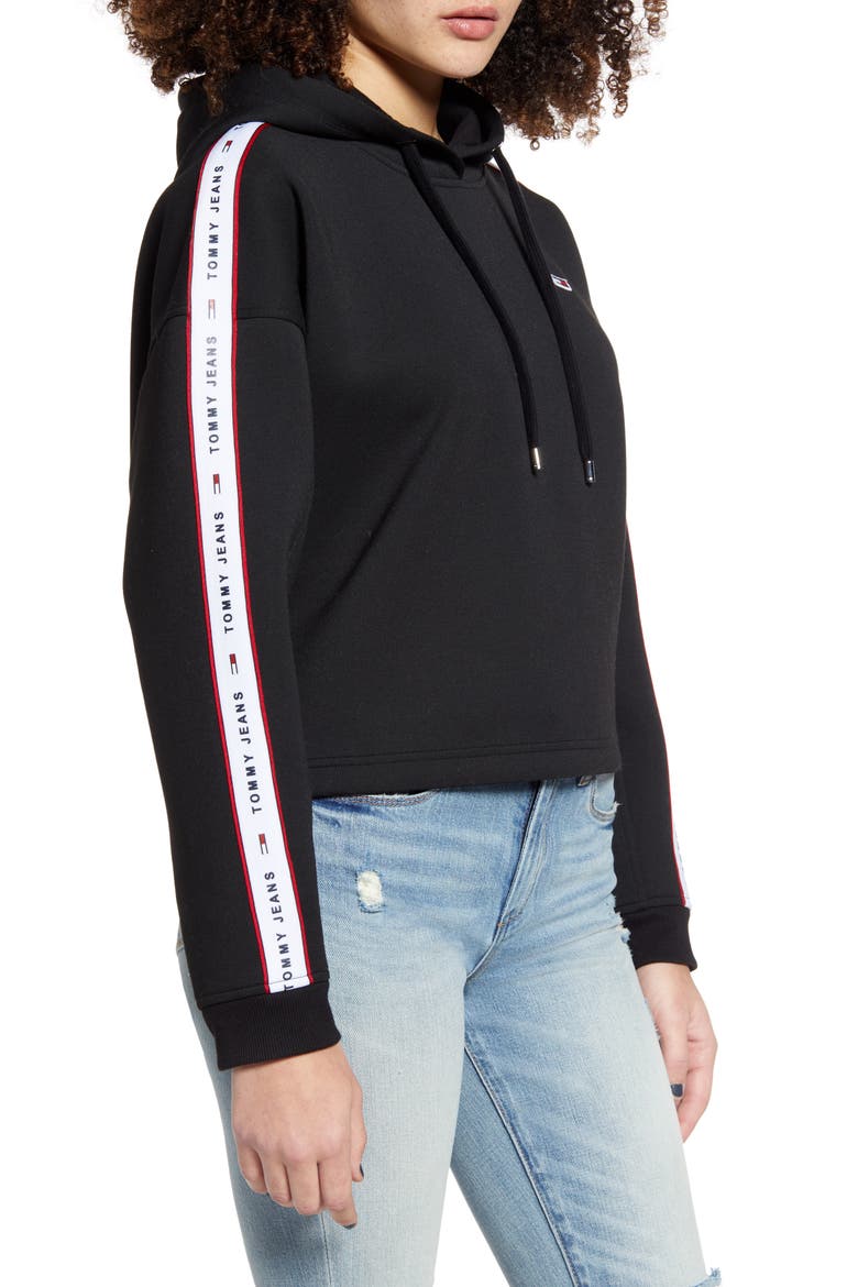 Logo Tape Crop Hoodie, Alternate, color, BLACK