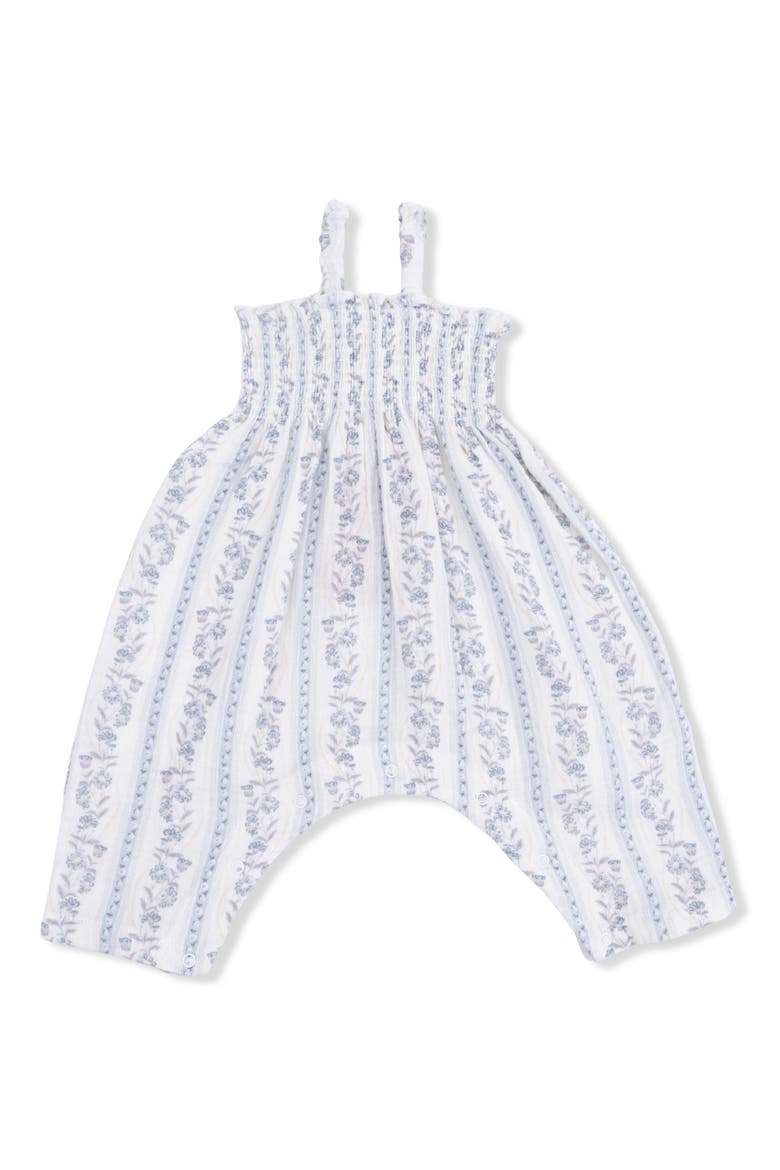 Kimberly Floral Stripe Organic Cotton Muslin Romper, Main, color, IVORY BLUE
