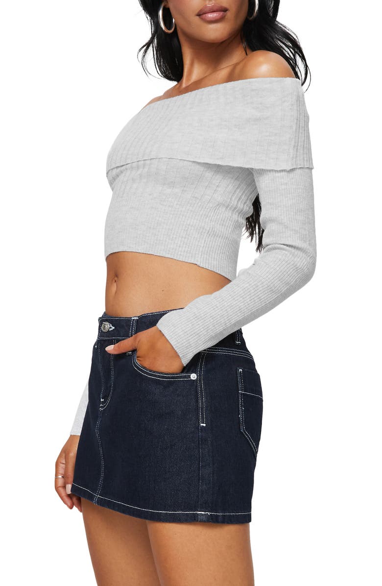 Princess Polly Tagula Off the Shoulder Mixed Rib Crop Sweater, Alternate, color, Grey