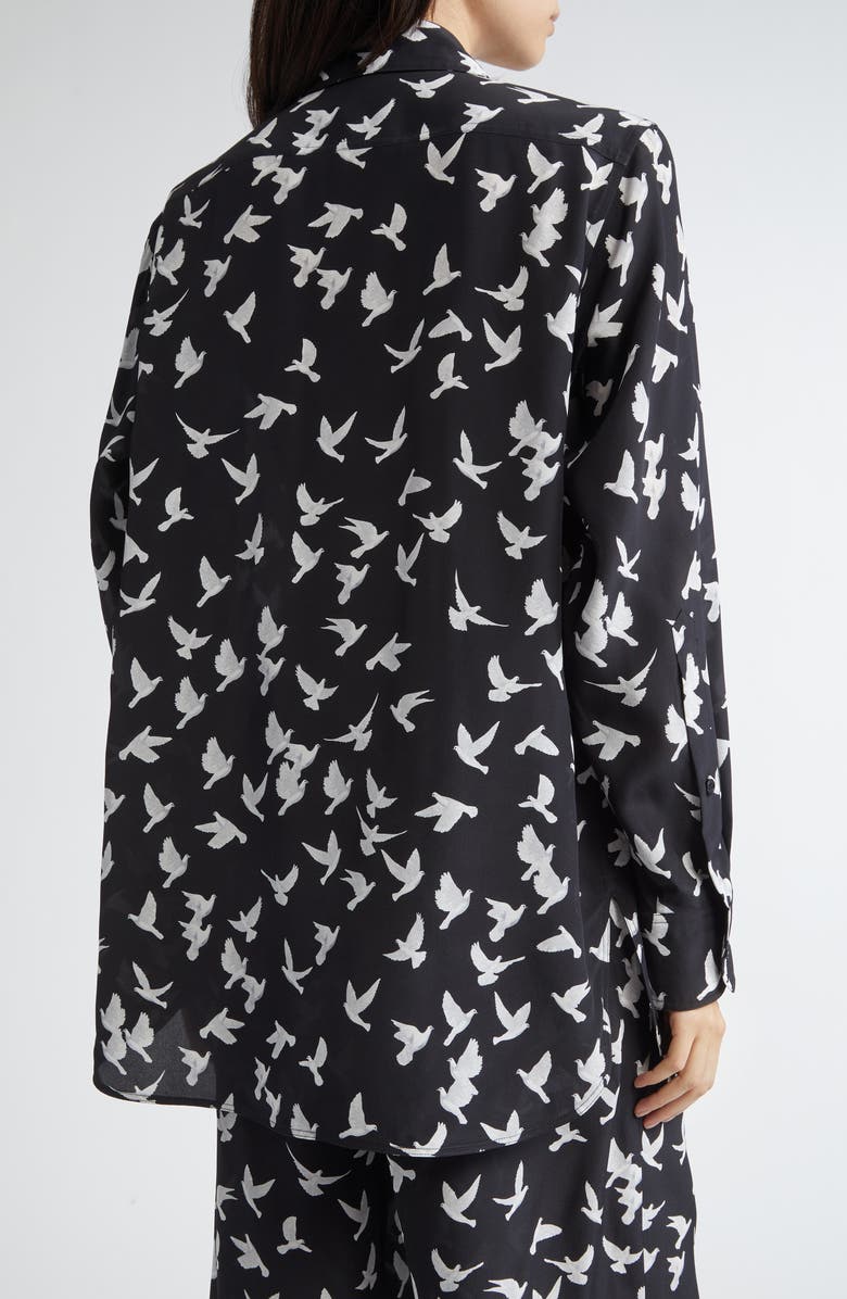 Stella McCartney Mini Birds Silk Button-Up Shirt, Alternate, color, Black
