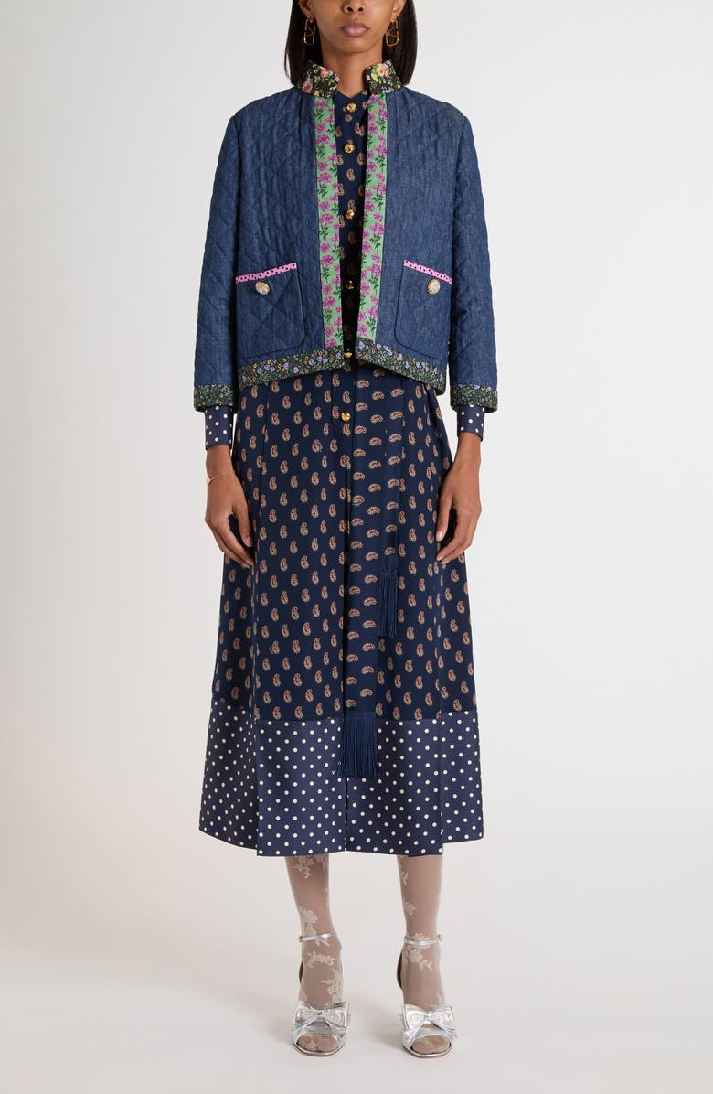 Valentino Garavani Floral Print & Quilted Denim Jacket, Alternate, color, Navy