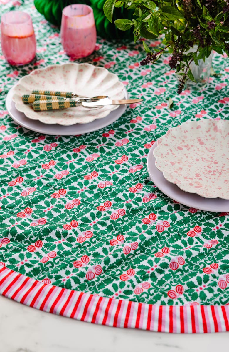 Furbish Pomegranate Round Tablecloth, Alternate, color, Green, White, Pink