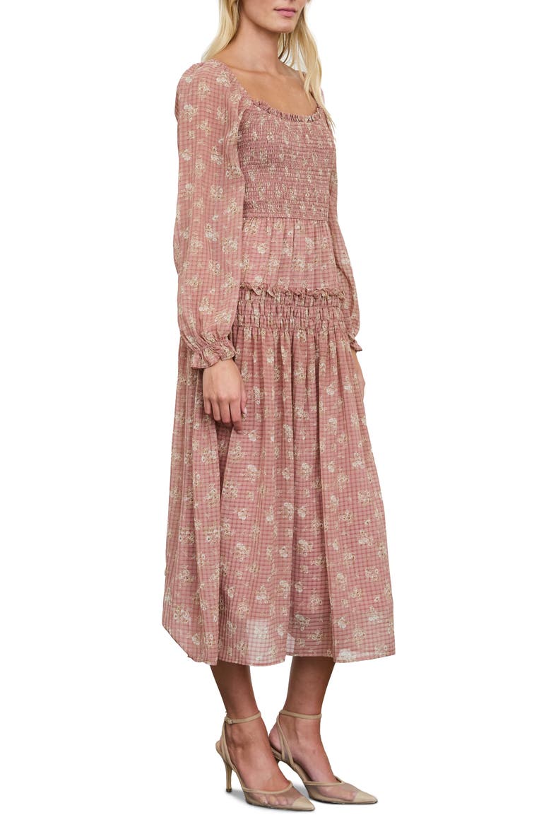 Smocked Long Sleeve Midi Dress, Alternate, color, BRICK MULTI