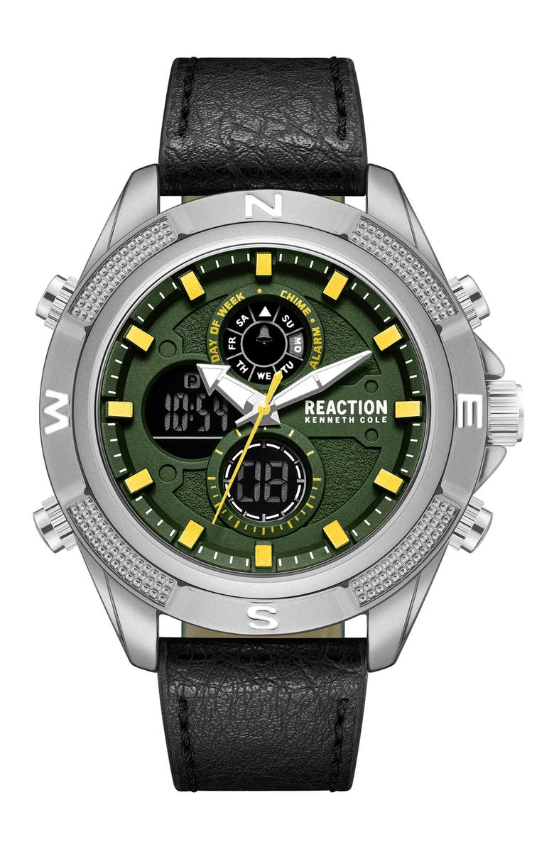 Kenneth Cole Reaction Analog & Digital Faux Leather Strap Watch, 48.2mm, Main, color,