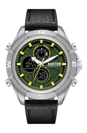 Kenneth Cole Reaction Analog & Digital Faux Leather Strap Watch, 48.2mm