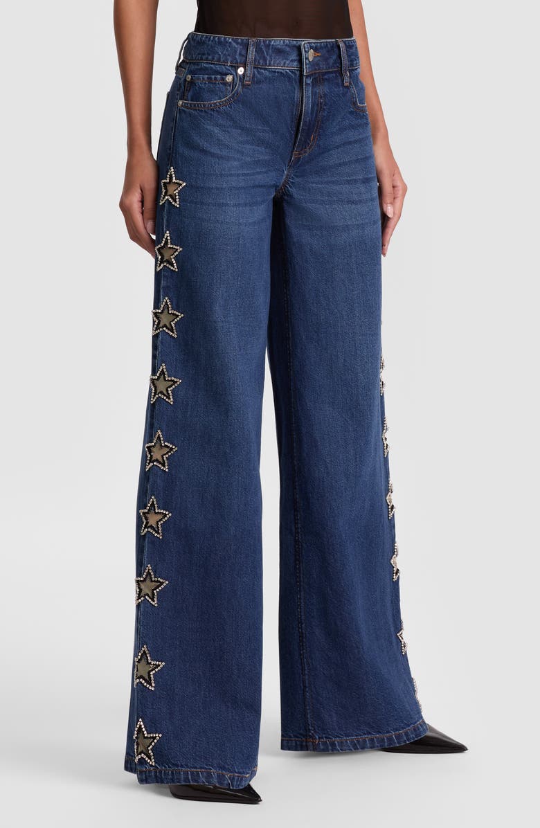 Alice + Olivia Amazing Embellished Star Cutout Wide Leg Jeans, Main, color, Dark Rinse