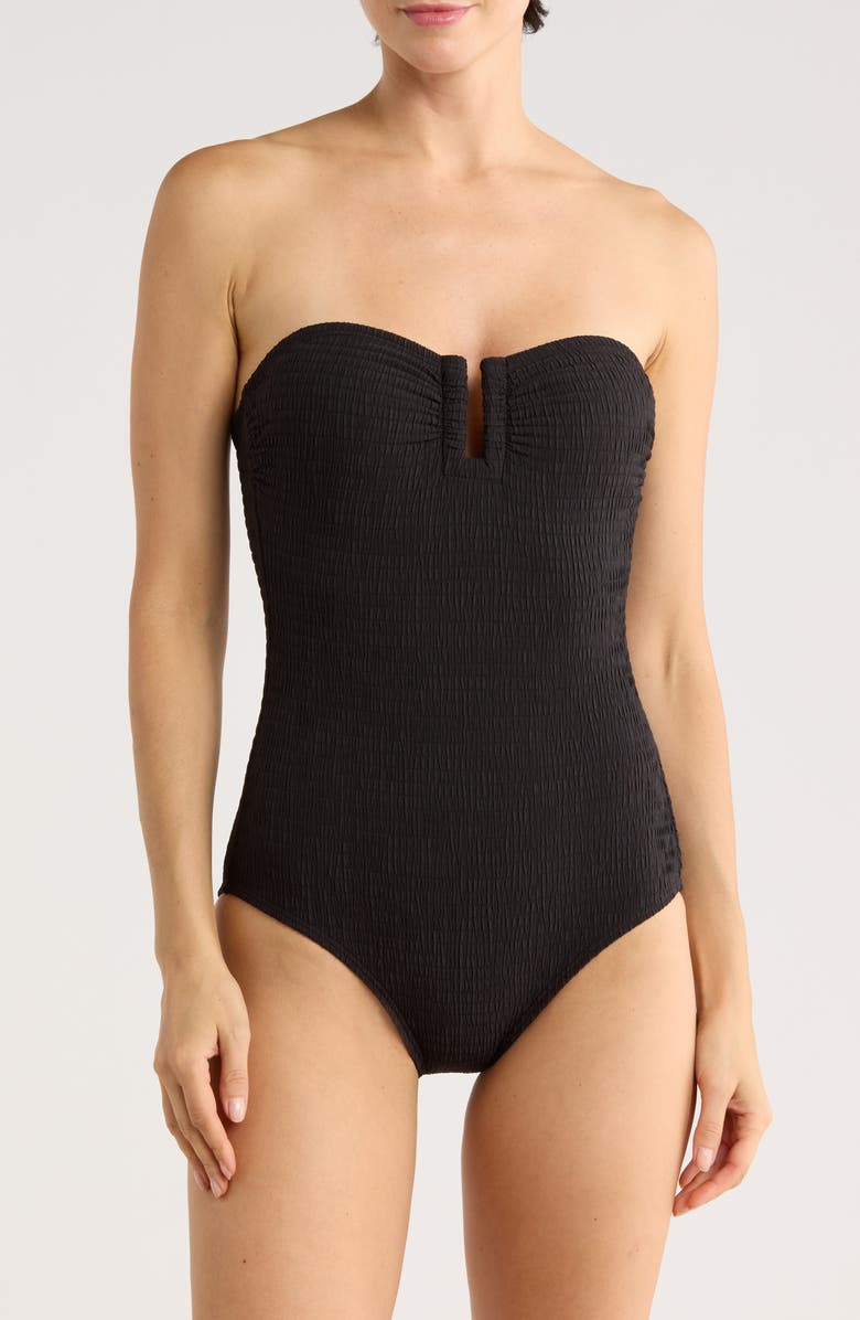 DKNY Bandeau Shirred One-Piece Swimsuit, Main, color, Black Texture