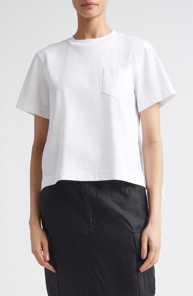 Sacai Mixed Media Pleated Poplin & Jersey Pocket T-Shirt, Main, color, White