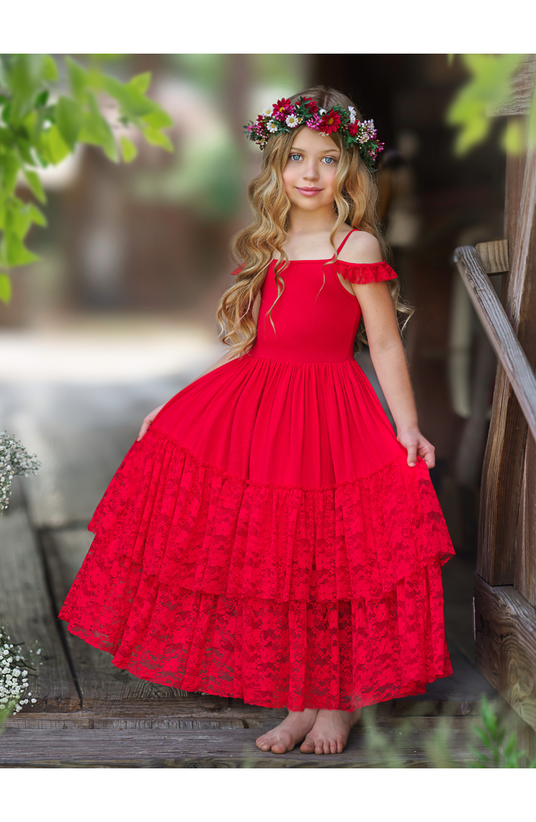 Mia Belle Girls Ruby Red Tiered Lace Ruffle Maxi Dress, Alternate, color, 