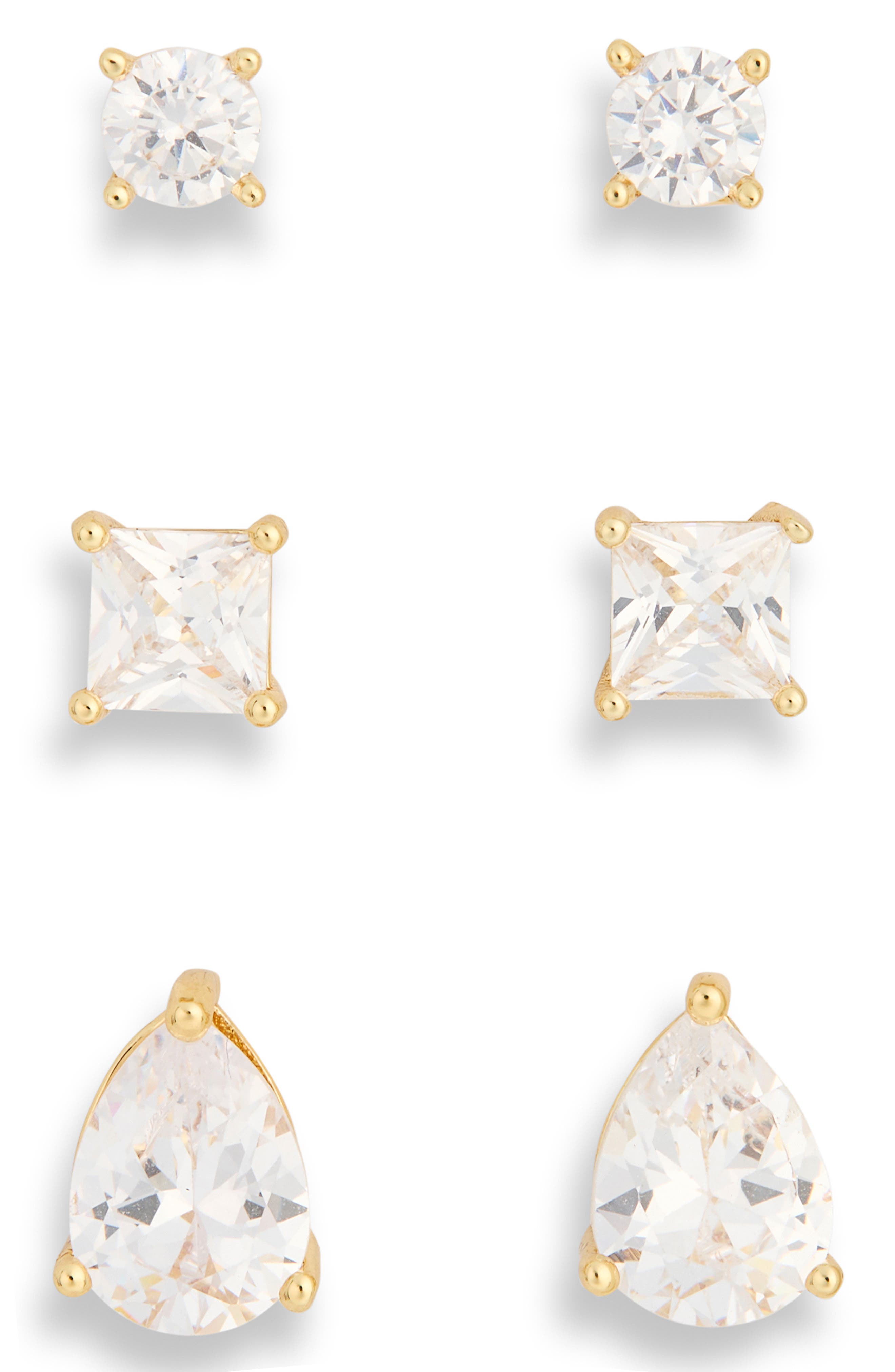 Set of 3 Mixed Cut Cubic Zirconia Stud Earrings