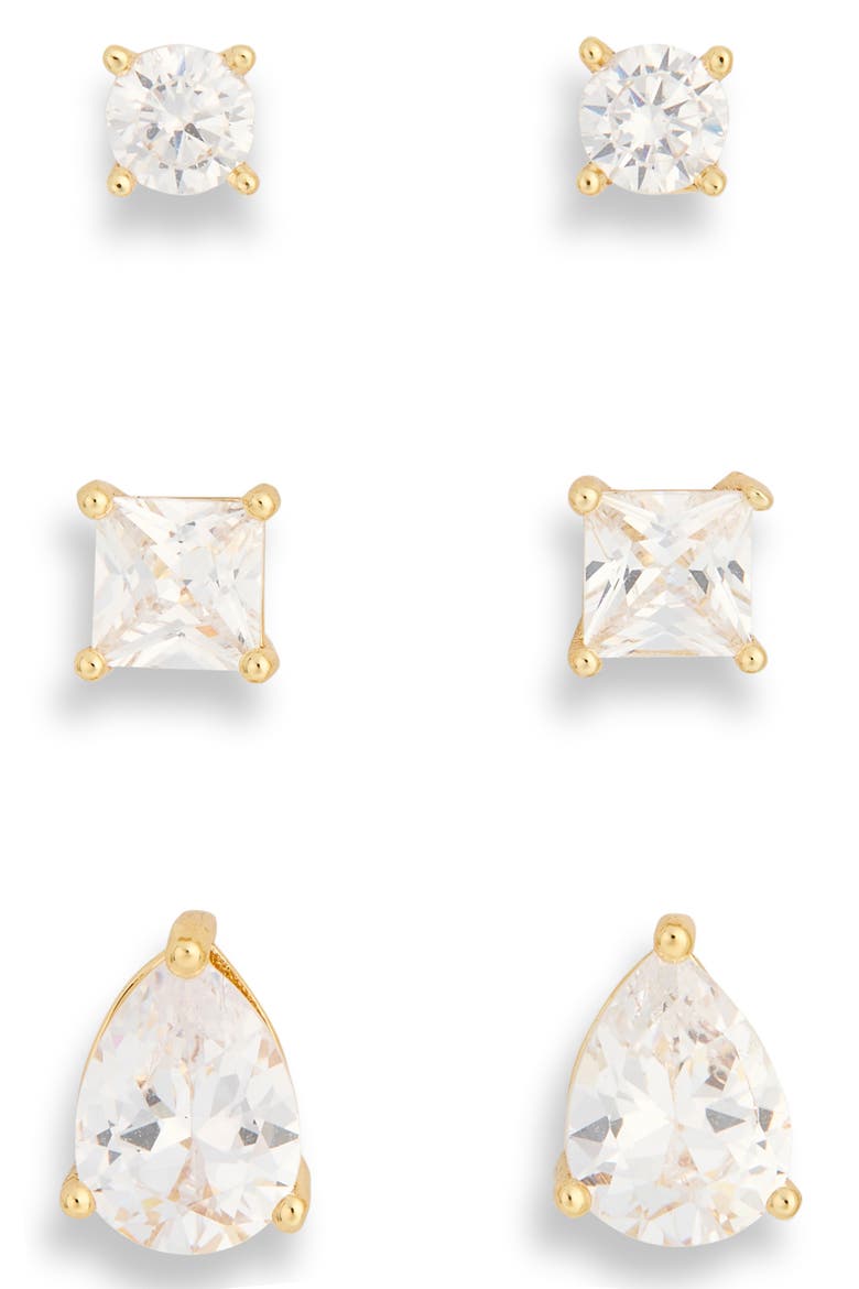 Set of 3 Mixed Cut Cubic Zirconia Stud Earrings, Main, color, CLEAR- GOLD