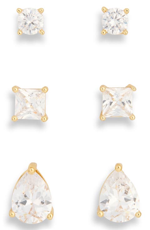 Set of 3 Mixed Cut Cubic Zirconia Stud Earrings