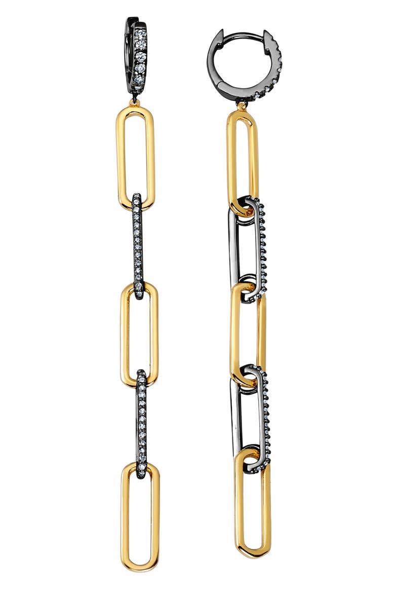 Two-Tone Cubic Zirconia Paper Clip Chain Drop Earrings, Main, color, GOLD & BLACK RHODIUM