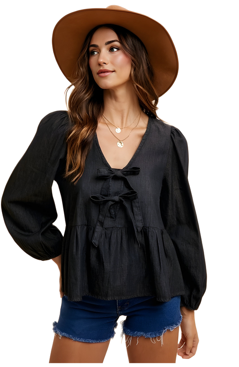 Long Sleeve Tie-Front Peplum Blouse