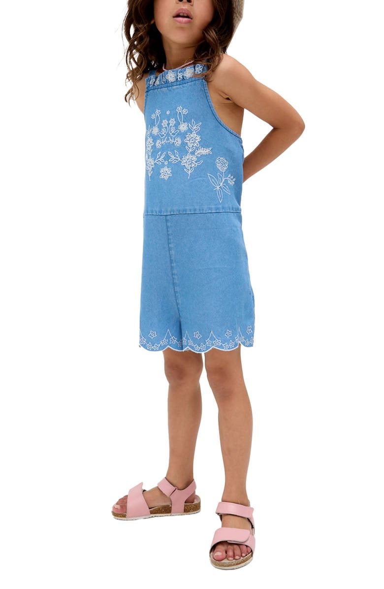 Raffya Kids Rachel Scalloped Hem Embroidered Romper, Alternate, color, Blue