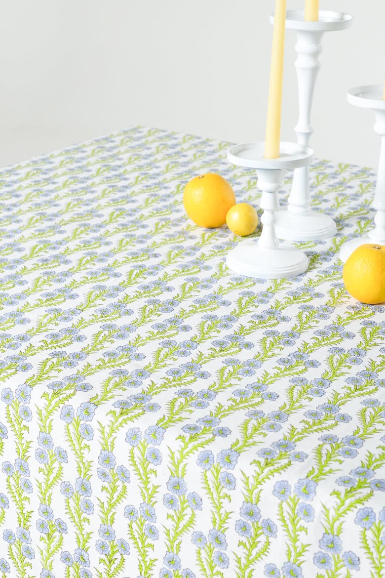 Forget-Me-Not Scallop Embroidered Blockprint Tablecloth, Alternate, color, 70x120