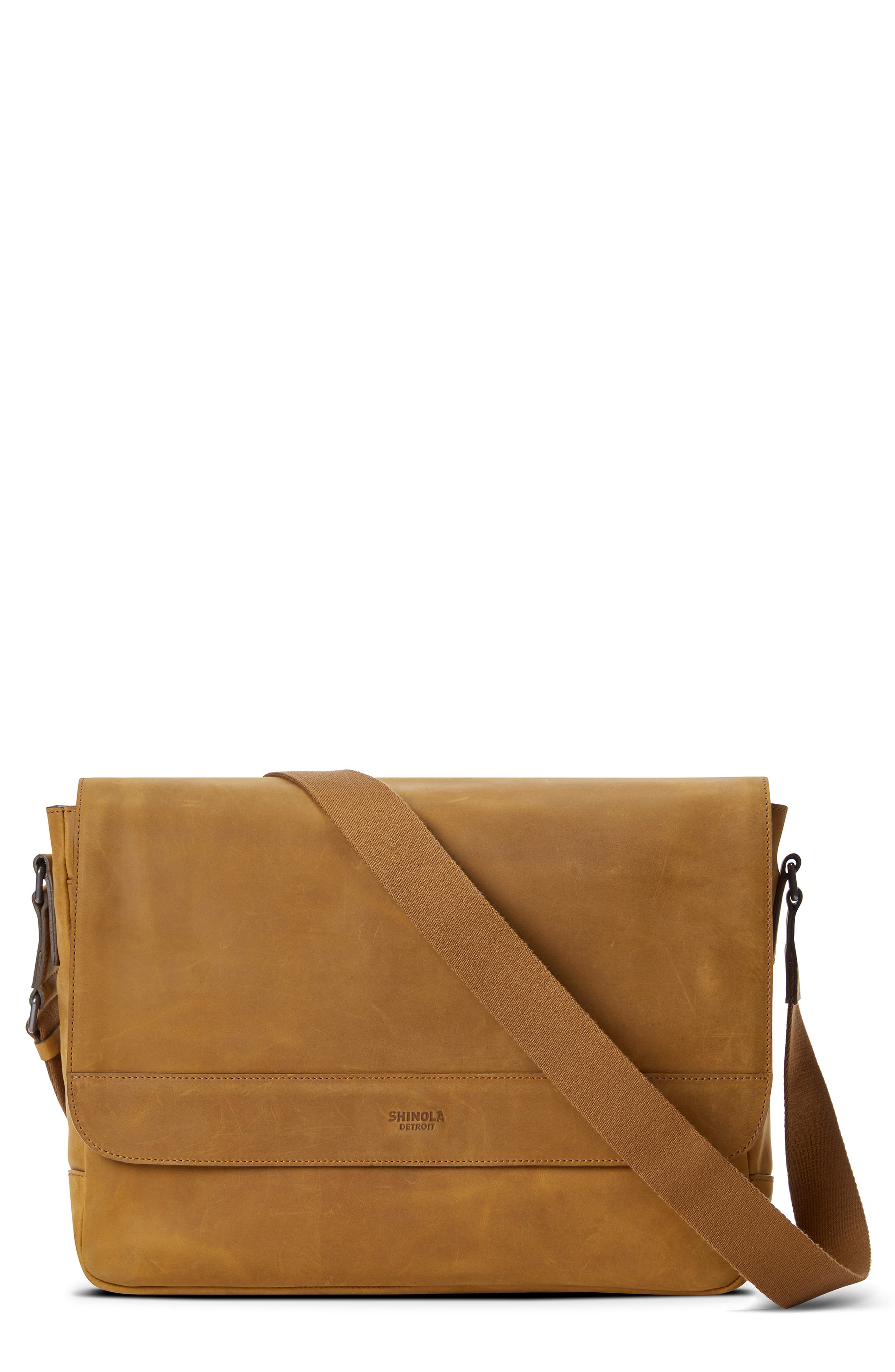 Shinola Slim Leather Messenger Bag, Main, color, 
