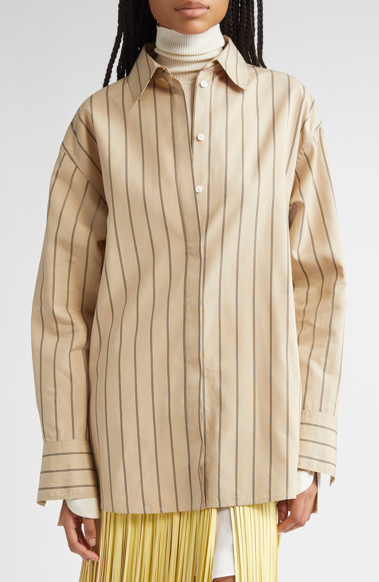 Proenza Schouler Addy Stripe Cotton & Silk Button-Up Shirt, Main, color, Taupe Multi