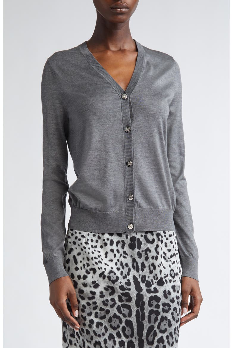 Embroidered Logo Silk V-Neck Cardigan, Alternate, color, N0093 GRIGIO PIOMBO SCURO