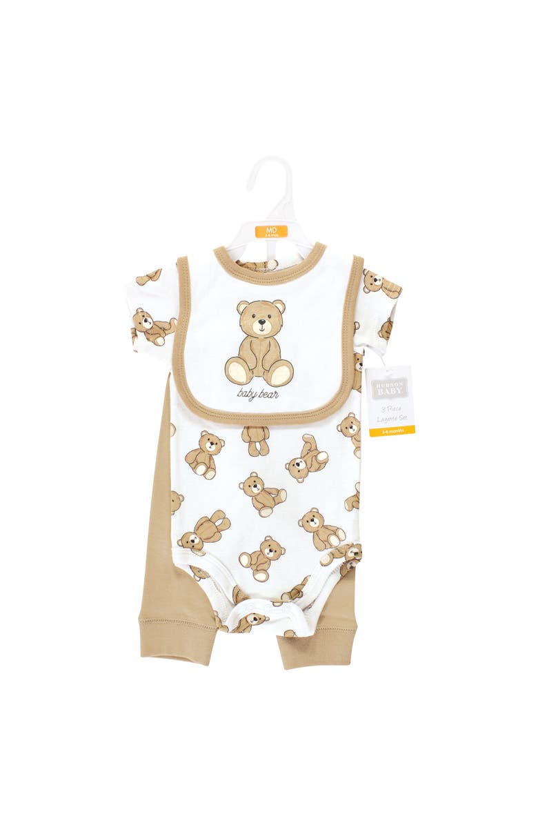 Hudson Baby Cotton Bodysuit, Pant and Bib Set, Alternate, color,