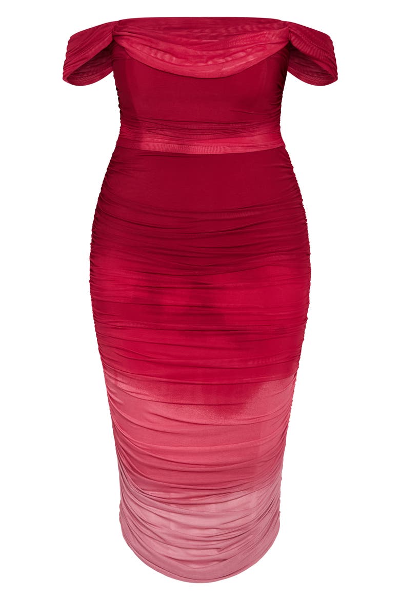 Ombré Ruched Square Neck Cap Sleeve Dress, Alternate, color, RUBY OMBRE