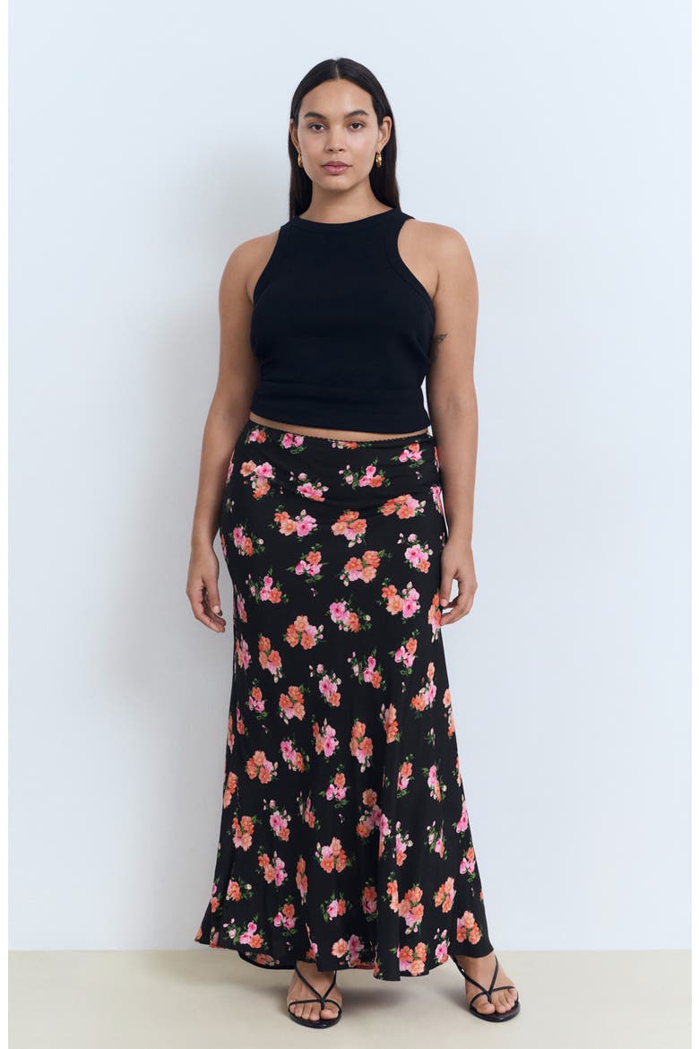 Lace Trim Floral Skirt, Alternate, color, BLACK