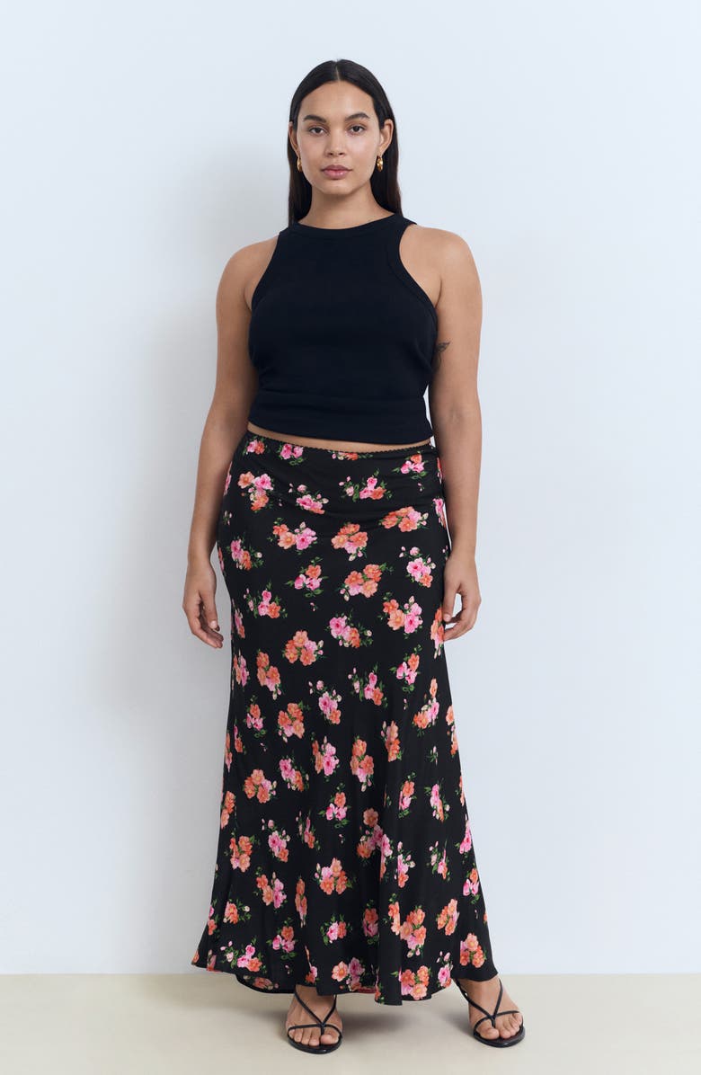 MANGO Lace Trim Floral Skirt, Alternate, color, Black