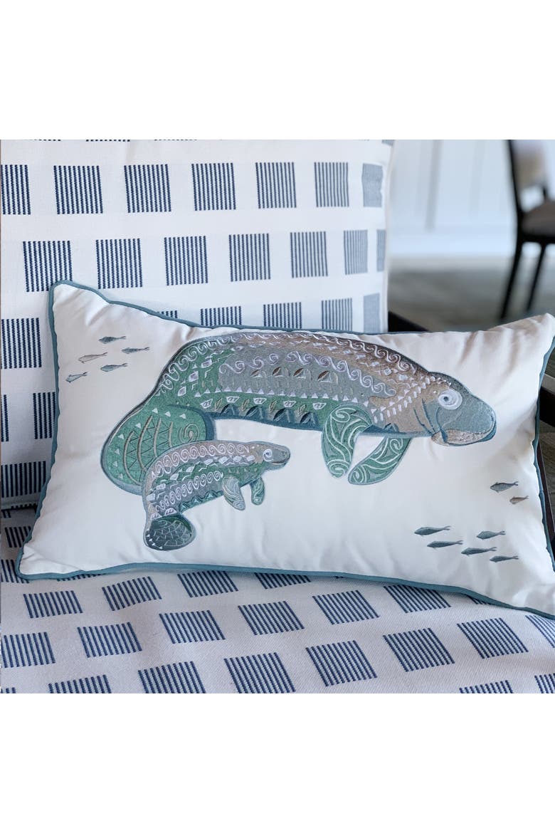 Seaglass Manatee Embroidered Indoor/Outdoor Accent Throw Pillow Decor, Alternate, color, Blue