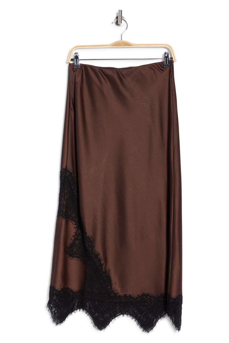 Lace Detailed Satin Midi Skirt, Alternate, color, DARK BROWN BLACK