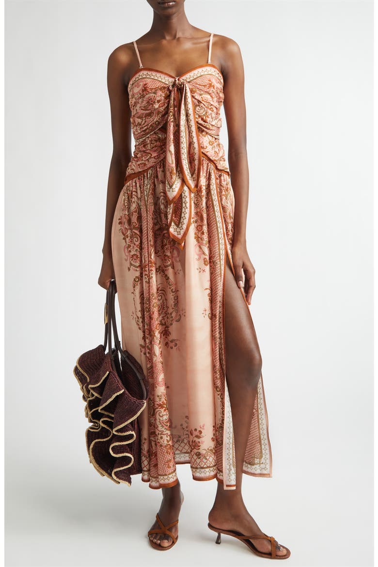 Aster Paisley Scarf Tie Silk Midi Dress, Alternate, color, PINK PAISLEY FLORAL