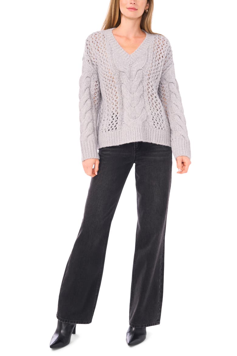 Cable Stitch V-Neck Sweater, Alternate, color, LIGHT HEATHER