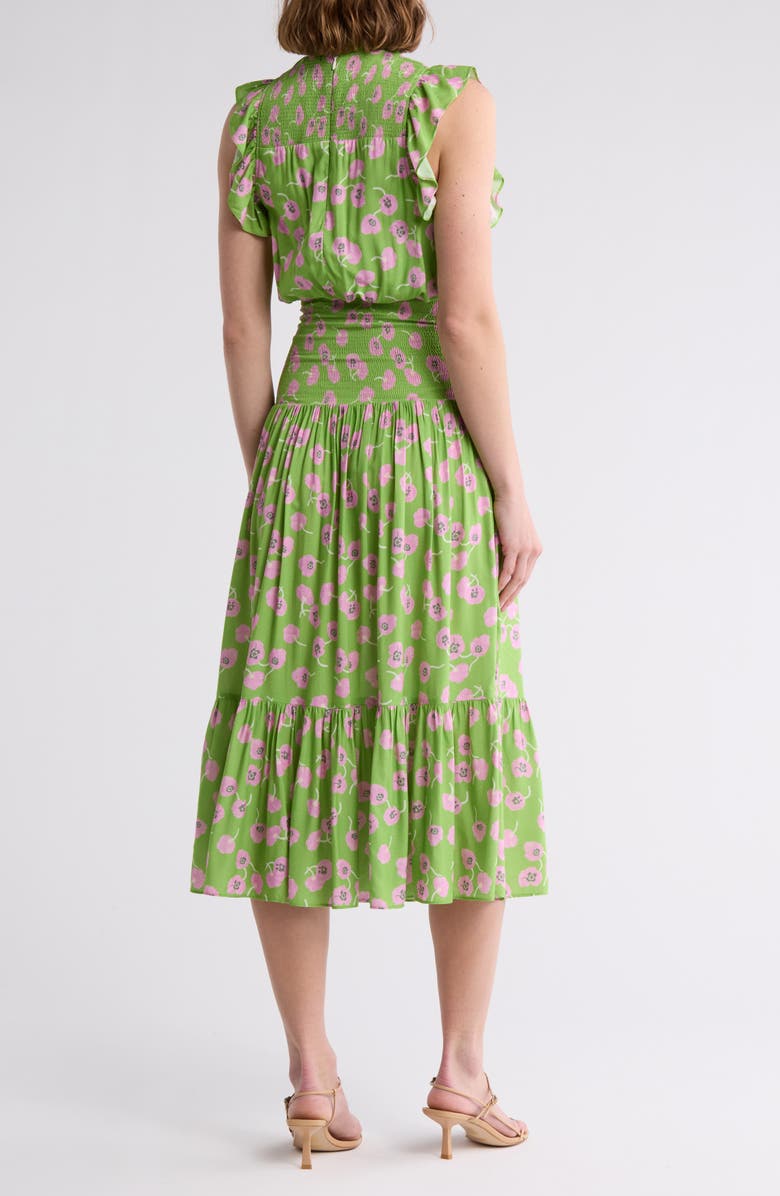 AREA STARS Smocked Flutter Sleeve Midi Dress, Alternate, color, Pink Green Floral Print