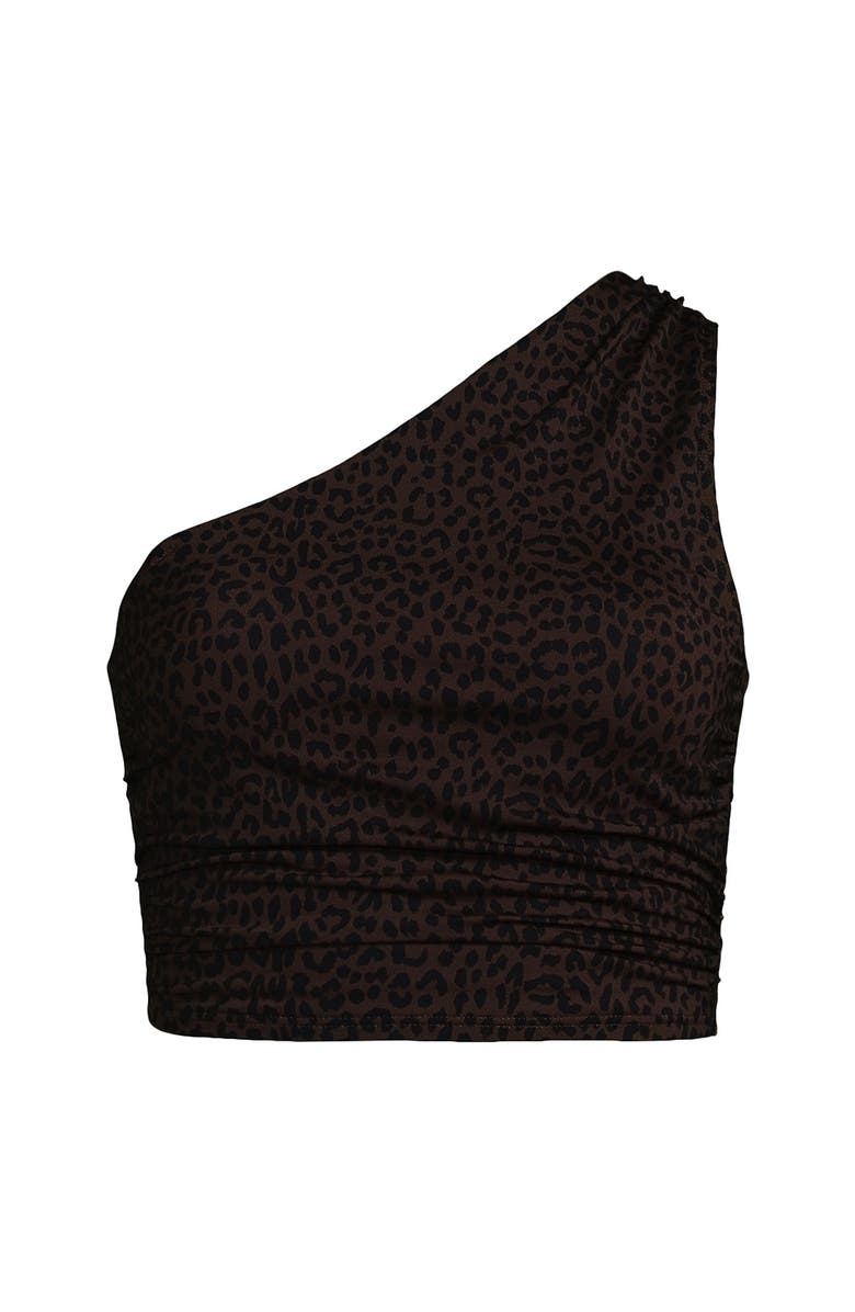 Lands' End Ruched One Shoulder Midkini Swimsuit Top, Alternate, color, Brown Leopard