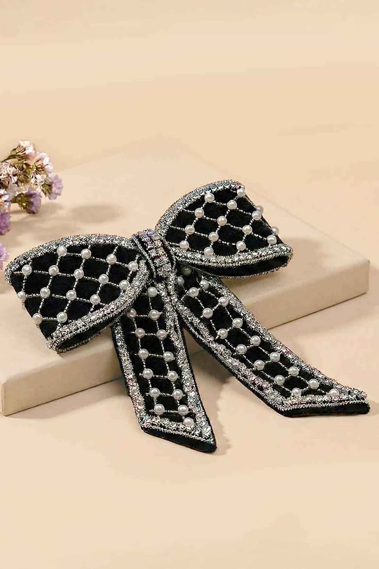 Embellished Velvet Hair Bow Barrette Clip - Black, Alternate, color, Black