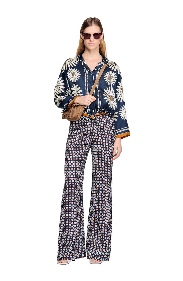 SANDRO Floral print silk shirt, Alternate, color, Deep Blue / Ocher