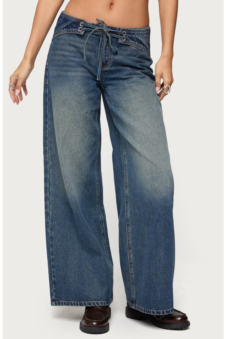 Niah Lace-Up Low Rise Baggy Jeans, Main, color, DARK-BLUE