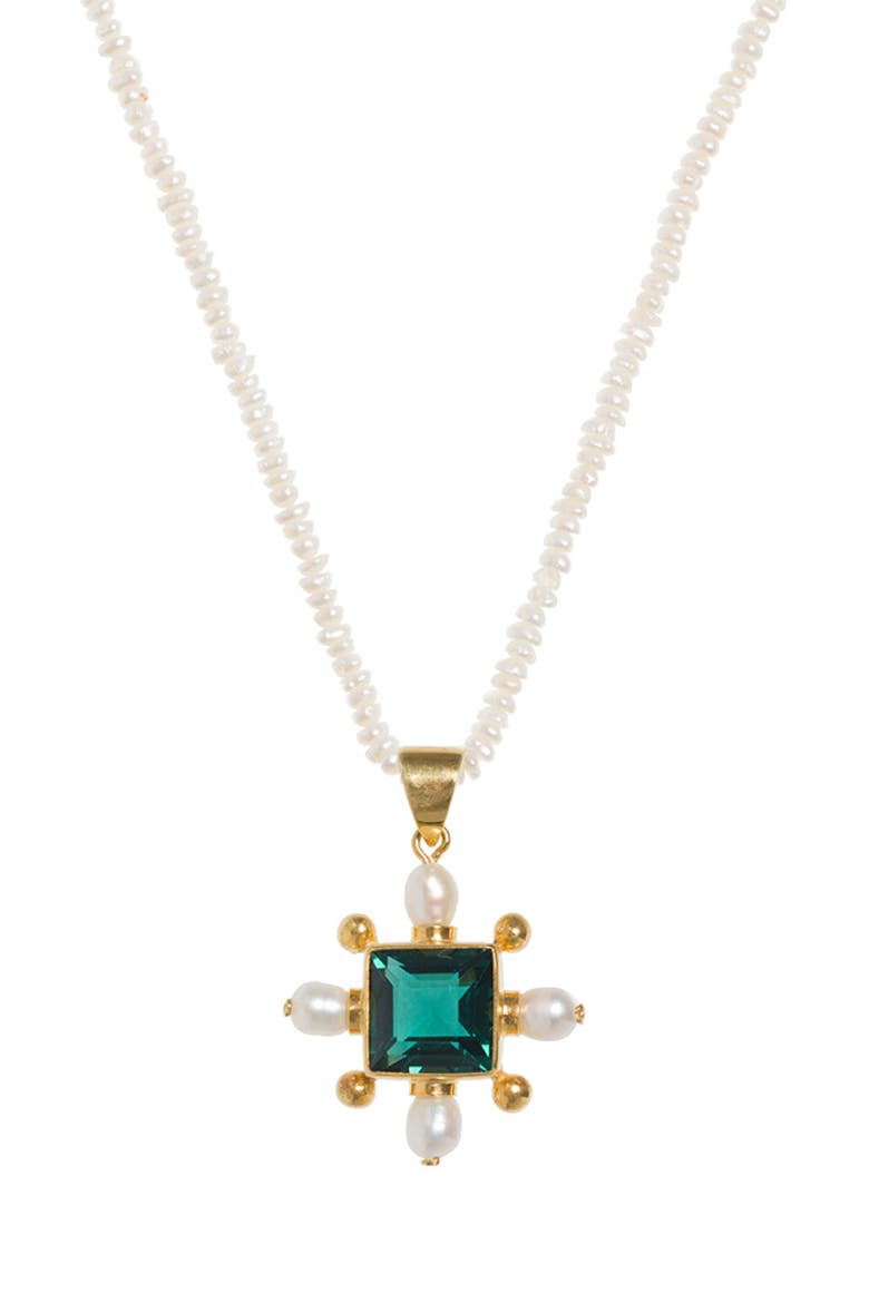 Seed Pearl Necklace with Green Quartz Cross Pendant, Main, color, Ivory