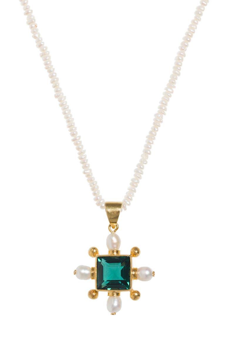 Freya Rose Seed Pearl Necklace with Green Quartz Cross Pendant, Main, color, Ivory