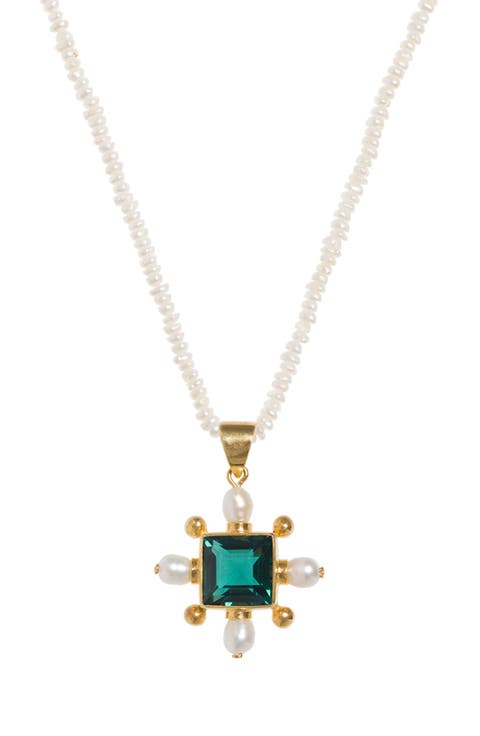 Seed Pearl Necklace with Green Quartz Cross Pendant