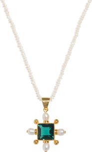 Freya Rose Seed Pearl Necklace with Green Quartz Cross Pendant