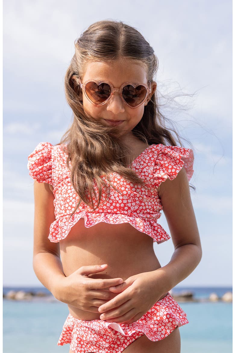 Ditsy Bloom Crop Two-Piece Swimsuit, Alternate, color, RED