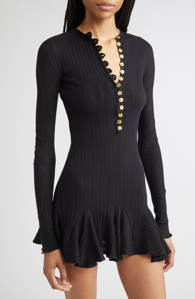 CONNER IVES The Pointelle Henley Long Sleeve Organic Cotton Minidress, Alternate, color, Black
